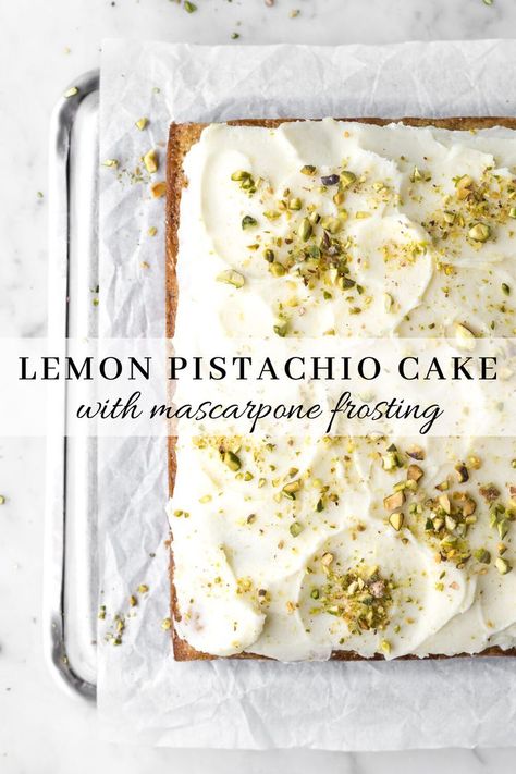 You'll want to try this lemon pistachio cake recipe! It is bursting with fresh, zesty lemon and the nutty crunch of pistachios. Top it with velvety mascarpone frosting for a delicious spring cake. This dessert recipe is also vegetarian. Get the recipe here! #cake #desserts #spring recipes Pistachio Mascarpone Cake, Lemon Pistachio Cupcakes, Lemon Pistachio Dessert, Pistachio Cake Healthy, Pistachio Cake Frosting, Not Too Sweet Cake Recipes, Spring Bakery Ideas, Easy Pistachio Dessert, Pistachio Desert