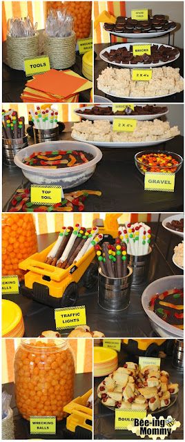 Construction birthday party food ideas and food labels, party snack ideas Construction Birthday Party Food Ideas, Construction Birthday Food, Construction Party Food, Construction Birthday Party Food, Party Snack Ideas, Dump Truck Birthday Party, Birthday Party Food Ideas, Construction Theme Birthday, Birthday Party For Boys