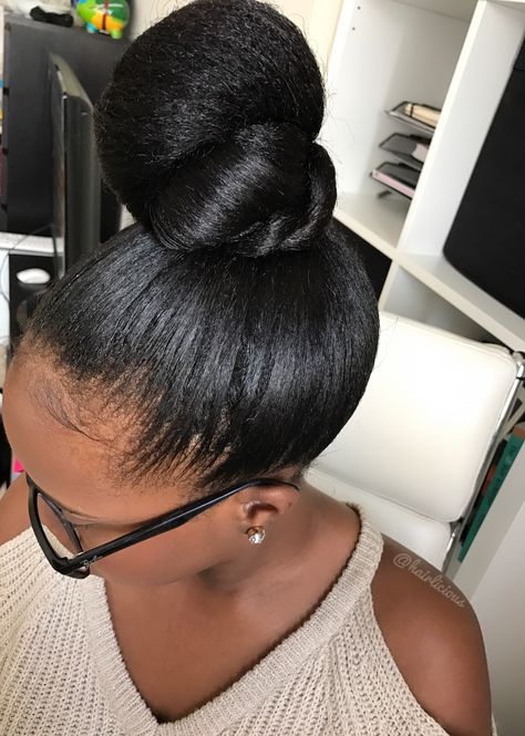 Top knot bun protective style on relaxed hair | www.hairliciousinc.com Relaxed Hairstyles, Cute Bun Hairstyles, Healthy Relaxed Hair, Middle Aged Women Hairstyles, High Bun Hairstyles, Top Knot Bun, Knot Bun, Transitioning Hairstyles, Asymmetrical Hairstyles