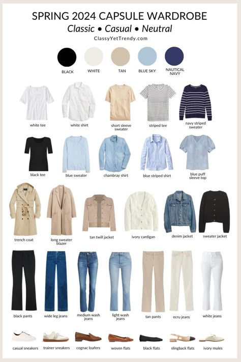 My 30-Piece Spring 2024 Classic Casual Neutral Capsule Wardrobe In My Closet - Classy Yet Trendy Classic Casual Outfits For Women Chic, Women's Fashion Capsule Wardrobe, Spring Capsule 2024, Spring Wardrobe 2024, Womens Spring Fashion 2024, Spring Casual Outfits 2024, 2024 Spring Fashion, White Shirt Styling Ideas, 2024 Capsule Wardrobe