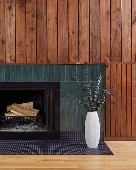 Re:model Midcentury Fireplace, Midcentury Modern Fireplace, Walnut Paneling, Tile Architecture, Heath Ceramics Tile, Mid Century Modern Fireplace, Mid Century Fireplace, Heath Tile, Ceramics Tile