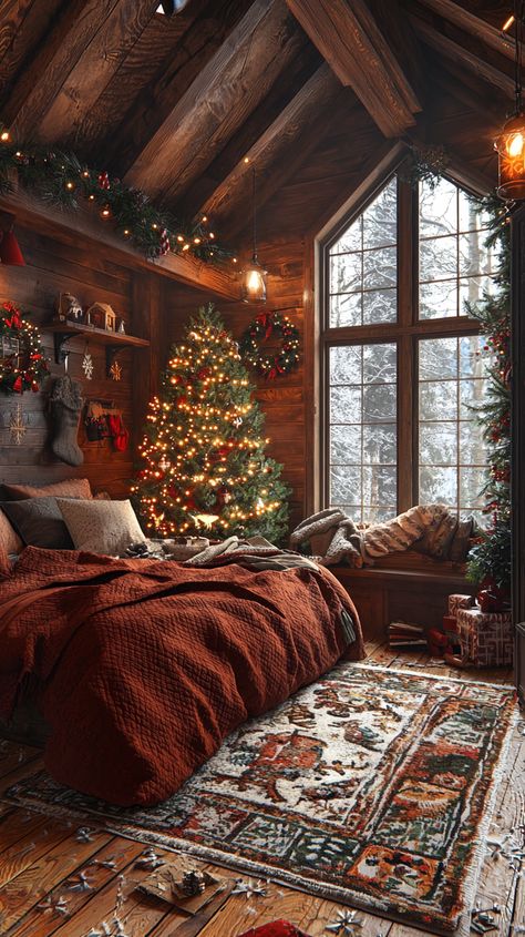 Cozy up this holiday season with rustic charm! 🎄✨ Snuggle into warm, rich bedding as the twinkling Christmas tree lights up the room. The natural wood, festive wreaths, and snowy views create the perfect winter retreat. Embrace the magic of a cabin Christmas! ❄️🏠 #cozy #christmas #winter #rustic #holiday #decor #warmth #snuggle #retreat #homedecor Vintage Christmas Decor Ideas Bedroom, Earthship Bedroom, Rich Bedding, Christmas Cabin In The Woods, Cabin Christmas Tree, Cozy Cabin Christmas, Christmas Cottagecore, Christmas Interior Decor, Cabin Christmas Decor