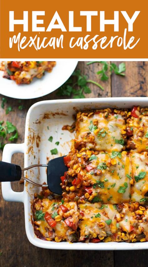 Healthy Mexican Casserole with Roasted Corn and Peppers! This Healthy Mexican Casserole has roasted corn, roasted bell peppers, cheese, enchilada sauce, and corn tortillas. Perfect leftovers for lunches! #casserole #mexican #healthyrecipe Cheese Enchilada Sauce, Healthy Mexican Casserole, Clinical Dietitian, Casserole Mexican, Roasted Bell Peppers, Healthy Mexican Recipes, Pinch Of Yum, Meal Train Recipes, Mexican Casserole