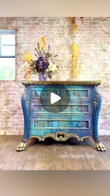 Redesign with Prima®️ on Instagram: "A stunning blend of blues and pinks by @lauradesignsshop 

 The Bountiful Beauty Decoupage Decor Tissue Paper pairs flawlessly with the Fleur De Lis Decor Transfer, creating an elegant, vibrant look. ✨ Secured with Decoupage Gel for a smooth, perfect finish—it's pure artistry! 💙🌸

https://redesignwithprima.com/retail-stores/ 

#RedesignWithPrima #furniture #Decoupagefurniture #furnituremakeover" Peacock Blue Painted Furniture, Blue Painted Furniture, Decoupage Decor, Redesign With Prima, Decoupage Furniture, Retail Stores, Peacock Blue, Blue Paint, Furniture Makeover