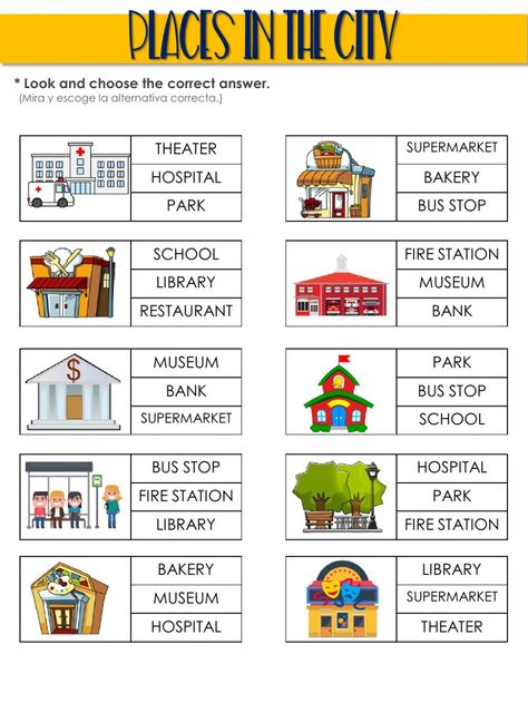 Places in the city interactive and downloadable worksheet. You can do the exercises online or download the worksheet as pdf. Places In The Community, Worksheet Kindergarten, Community Places, City School, English Activities For Kids, Worksheets Kindergarten, Worksheet For Kids, Learning English For Kids, English Worksheets For Kids