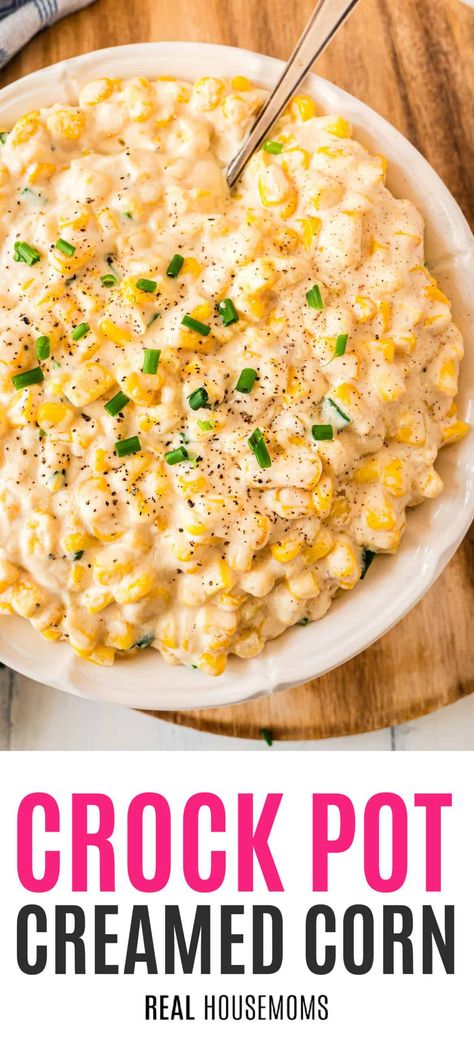 Toss together sweet corn, a blend of creamy cheeses, and the perfect spices in a crock pot to make everyone's favorite Crock Pot Creamed Corn! #Realhousemoms #crockpot #creamedcorn #bestcrockpotrecipes #sidedish #thanksgiving #christmas #easter Cream Corn Crockpot, Cream Corn Recipe Crock Pot, Crockpot Creamed Corn, Creamy Cheesy Corn, Crockpot Corn, Crockpot Thanksgiving, Crockpot Veggies, Crock Pot Corn, Slow Cooker Creamed Corn