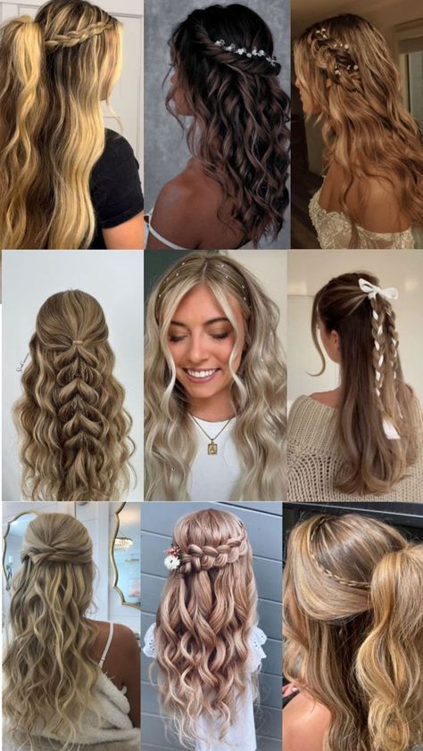 Half Up Half Down Hairstyles With Curls, Long Curly Hair Ideas Easy Hairstyles, Grade 8 Grad Hairstyles Short Hair, Cute Loose Hairstyles, Cute Hairstyles For A Wedding, Hairstyles For Theme Parks, Cute Hairstyles For Thick Hair, Loose Hair Styles, Theme Park Hairstyles