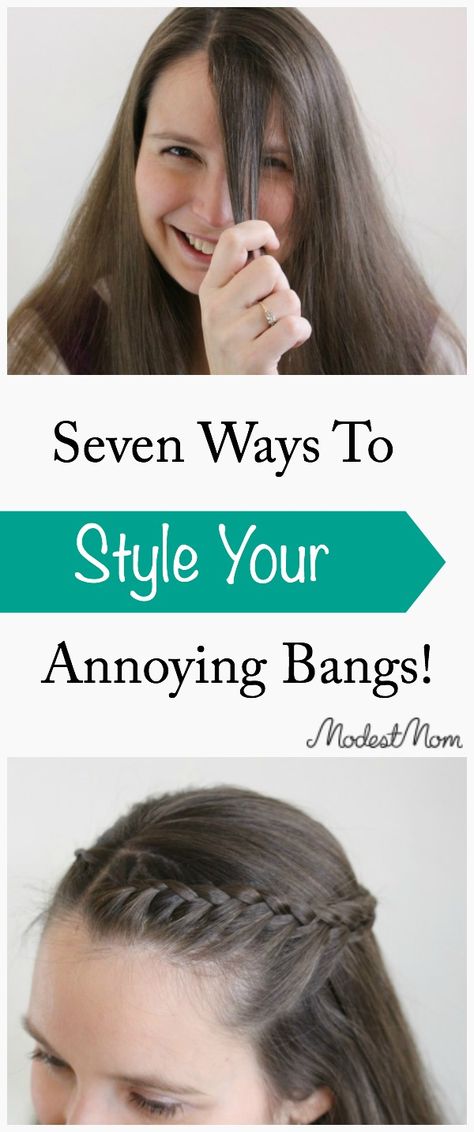 Seven Ways To Style Your Annoying Bangs as you grow them out! Don't let them stay in your eyes all day, here are some super cute but simple ways to style them! Pulling Bangs Back Cute Ways To, Ways To Pull Back Bangs, Grow Out Bangs Hairstyles, How To Pull Back Bangs, Hairstyle Pulled Back, How To Style Long Bangs, Hairstyles For Growing Out Bangs, Pin Back Bangs, Pull Back Bangs