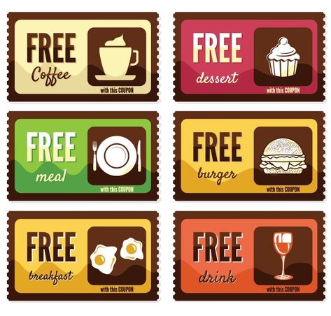 Vintage Free Food Coupon Sticker Labels Vector Coupon Sticker, Food Label Design, Free Food Coupons, Label Design Template, Food Vouchers, Voucher Design, Food Label, Ticket Design, Coupon Template