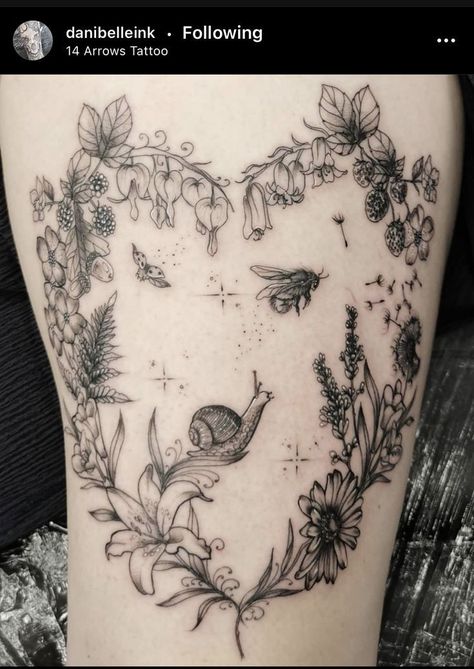 Mushroom Catapillar Tattoo, Garden Bugs Tattoo, Fairy In Garden Tattoo, Trippy Forest Tattoo, Secret Garden Tattoo Sleeve, Mushroom Fairy Circle Tattoo, Fairy Garden Tattoos For Women, Mushroom Circle Tattoo Knee, Whimsical Vine Tattoo