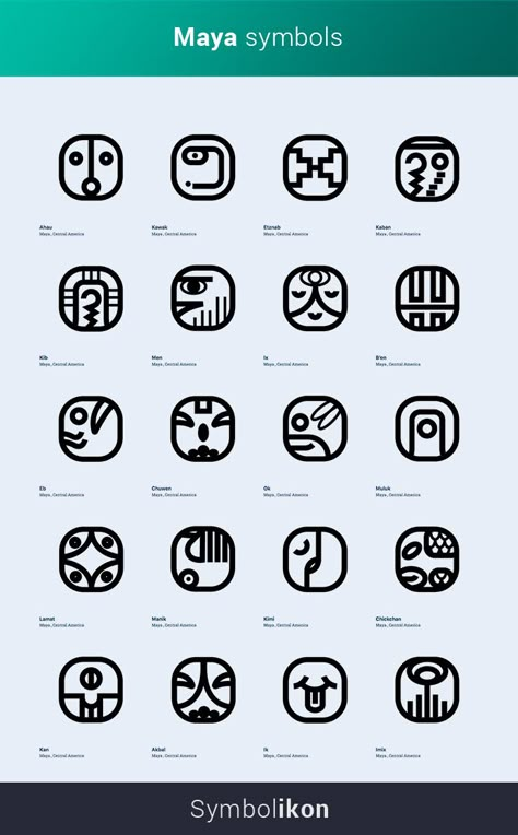 Mayan symbols have had a rich history across Central America. Spreading across a vast territory that stretched from Mexico to Guatemala, Belize, and Honduras, Mayan symbols and glyphs have been found in a vast array of locations. These symbols are crucial to understanding their religion, everyday life, and even their economic and social structure... Mayan Symbols And Meanings, Mayan Glyphs Tattoo, Mayan Glyphs Symbols, Mayan Symbols Meaning, Mayan Hyroglyphs, Mayan Symbols Tattoo, Guatemala Symbols, Toltec Symbols, Mayan Logo