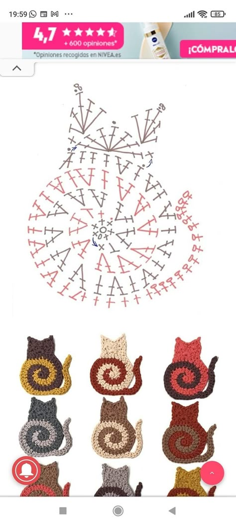 Cat Square Crochet, Crochet Cat Motif, Pola Amigurumi, Crochet Design Pattern, Crochet Instructions, Crochet Applique, Crochet Diagram, Crochet Inspo, Diy Crochet Projects