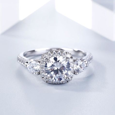 Genuine Moissanite Halo Engagement Rings  Genuine Moissanite Engagement Ring 30 Days Money Back Guarantee #ring #moissanitering #engagementring #925silver #wHITEGOLD #nearwhite #halo #round #finejewelry #moissanite #handmadejewelry #moissanitejewelry #moissanitelovers https://www.ebay.com/itm/232873897207 Round Stone Engagement Rings, Three Stone Halo Engagement Ring, Three Stone Engagement Rings Halo, Wedding Ring Redesign, Moissanite Engagement Ring Halo, Round Halo Engagement Rings, Future Engagement Rings, 3 Stone Engagement Rings, Diamond Engagement Wedding Ring