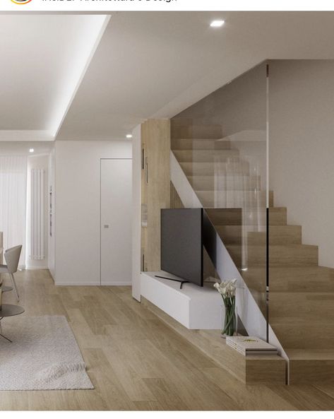 Stairs Inside Living Room, Middle Room Staircase, Understairs Tv Unit Living Rooms, Living Room With Mezzanine, Living Room Under Stairs, Interior Design Under Stairs, Staircase In Living Room, Staircase Glass, L Shaped Stairs