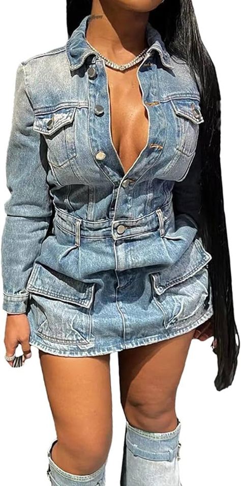 TACSTRUN Women's Sexy Bodycon Denim Dress Long Sleeve Button Down Distressed Washed Jean Dress,Blue,XXL at Amazon Women’s Clothing store Long Sleeve Denim Dress, Dress Amazon, Amazon Dresses, Denim Looks, Jean Dress, Gorgeous Outfits, High Fashion Outfits, 15th Birthday, Dress Long Sleeve