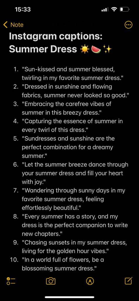 Summer Breeze Quotes, Summer Dress Captions Instagram, Long Dress Captions For Instagram, Sundress Quotes, Yellow Dress Caption, Sundress Season Quotes, Yellow Dress Captions For Instagram, Caption For Sunkissed Pictures, Summer Is Coming Quotes