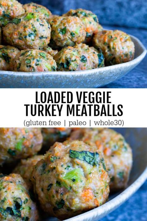 Veggie loaded turkey meatballs -  the ultimate make ahead meal prep recipe.  Life just got a little bit easier. Gluten free.  Paleo.  Whole30 compliant. Veggie Turkey Meatballs, Meatballs Gluten Free, Make Ahead Meal Prep, Veggie Turkey, Gluten Free Turkey Meatballs, Clean Eating Recipes For Dinner, Clean Eating For Beginners, Resep Diet, Easy Zucchini