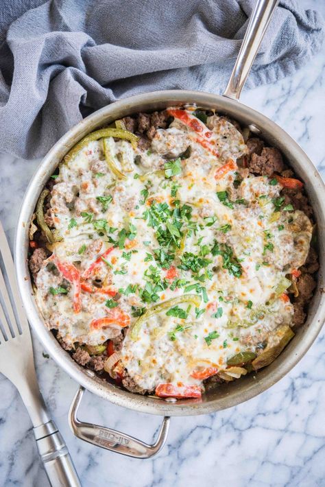 Philly Cheesesteak Skillet Keto Philly Cheesesteak Skillet, Philly Cheesesteak Skillet, Cheesesteak Skillet, Keto Philly Cheesesteak, Keto Skillet, Braised Chicken Breast, Fed And Fit, Fit Recipes, Healthy Ground Beef