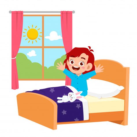 Happy cute little kid girl wake up in th... | Premium Vector #Freepik #vector #girl #cartoon #comic #kid Daily Routine Activities, Kids Routine Chart, Wake Up In The Morning, Flashcards For Kids, Morning Cartoon, Kids Clipart, How To Wake Up Early, Cartoon Kids, Drawing For Kids