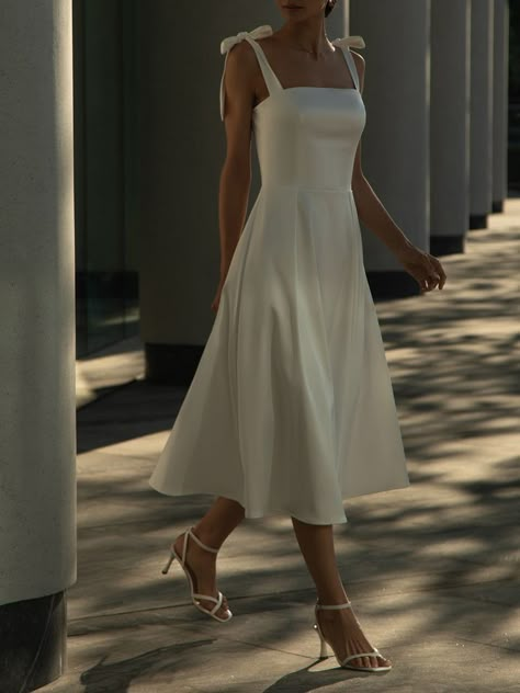 White Cocktail Dress Classy Midi, Grad Dress Mid Length, Formal Dresses Midi Elegant, Champagne Rehearsal Dinner Dress, Bow Tie Sleeve Wedding Dress, Rehearsal Dinner Dress Classy, Fit And Flare Dress Formal Midi, Satin Western Dresses, Elegant Graduation Dress Classy