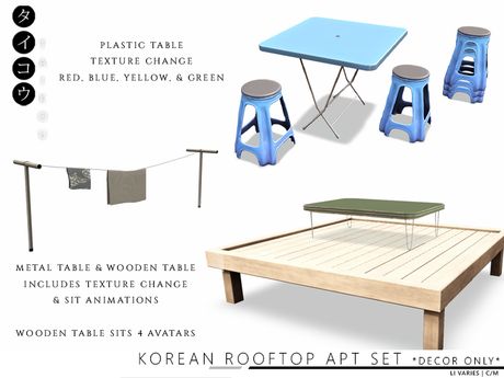 Second Life Marketplace - taikou / korean rooftop apt set *DECOR ONLY* Korean Rooftop House, Korean Rooftop House Ideas, Rooftop House Ideas, Korean Rooftop, Rooftop House, Korean Table, Korean Garden, Backyard On A Budget, Korean Cafe