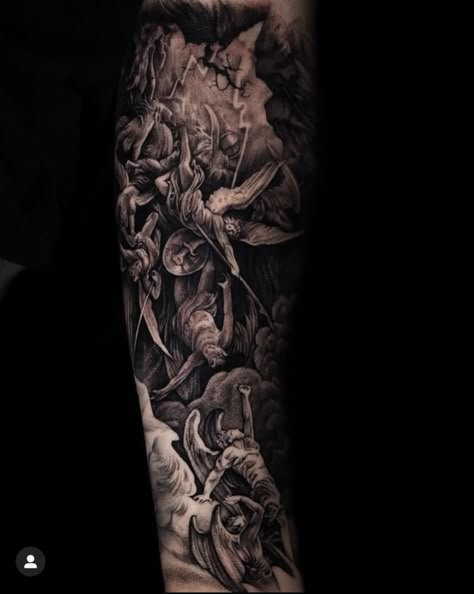 Falling Angels Tattoo, Heaven Vs Hell Tattoo, Angels Vs Demons Tattoo, Revelations Tattoo, Heaven And Hell Tattoo, Dark Biblical Art, Bible Tattoos For Men, Victoria Tattoo, Angel Sleeve Tattoo