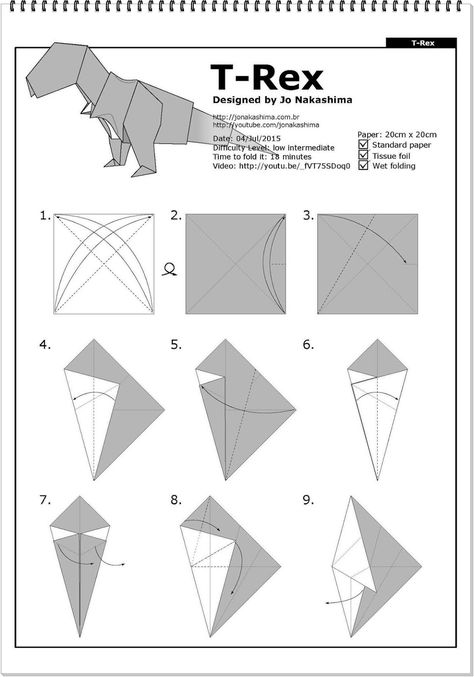 Ruby Book Origami: Diagram Tyrannosaurus Rex-Jo Nakashima Origami T Rex Instructions, Origami Dinosaur Easy, Dino Origami, Origami Instructions Step By Step, Origami T Rex, Origami Books, Origami Dinosaur, Dinosaur Origami, Origami Step By Step