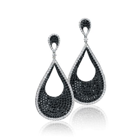 Ba-Blam!  Black and white diamond pave teardrop earrings from Armadani.  Yes please!     E5849/BK Black And White Diamond Earrings, Titanic Jewelry, Black Diamond Jewelry, White Diamond Earrings, Black Diamond Earrings, Art Jewelry Design, Vintage Jewlery, Luxurious Fashion, Diamonds And Gold