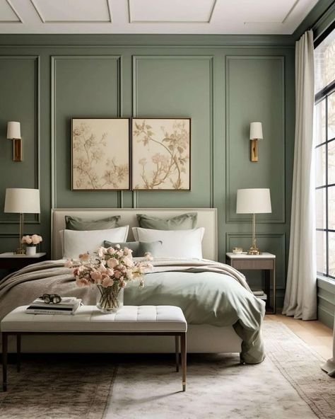 NEW BLOG POST - How to use sage green in your bedroom 💚💚 I talk a lot about the color sage green on my blog and there’s a reason for this. This beautiful shade is a soothing and contemporary hue that is versatile, and tranquil and works well with so many colors. If you are struggling to find the right color palette, a sage green bedroom is the perfect place to start. This soft, muted green hue is not just a trend; it helps promote relaxation and relieve us of our daily stresses. #sagegree... Muted Sage Green Bedroom, Green Palette Interior Design, Pale Green Room Aesthetic, Light Sage Bedroom Ideas, Dark Green And Neutral Bedroom, Sage Green Built In Wardrobe, Sage Green Bedroom Color Palette, Pistachio Green Bedroom, Bedroom Design Color Palettes