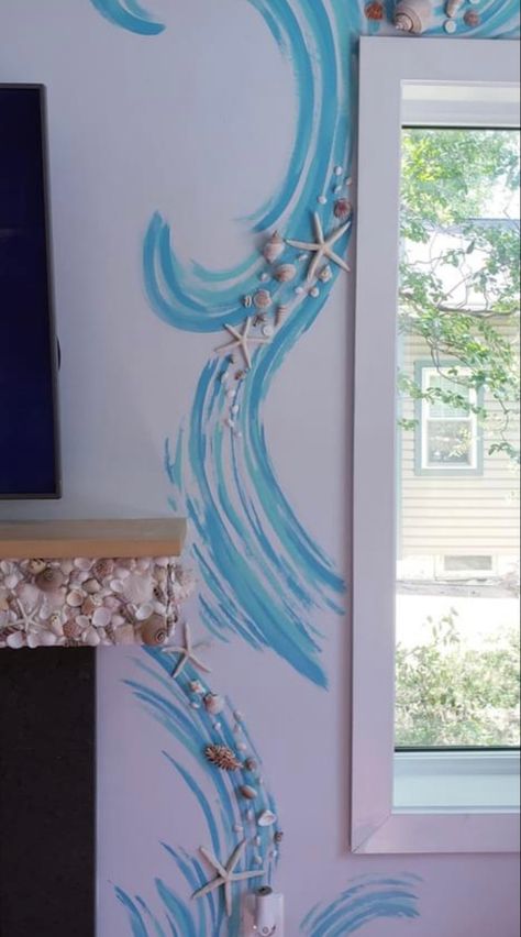 Sea Inspired Room Decor, Ocean Ideas Decoration, Ocean Themed Mural, Room Ocean Aesthetic, Sea Theme Room Decor Ideas, Sea Mural Painting, Ocean Aesthetic Room Decor, Sea Bedroom Aesthetic, Water Theme Room