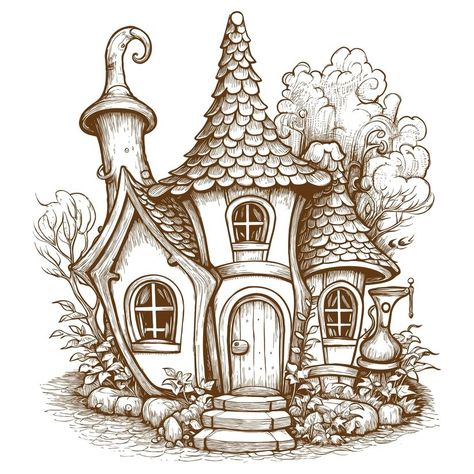 Free Vector | Cute fairy mushroom house outline sketch design Cottage Sketch, Fairy House Drawing, Fairy Mushroom House, House Outline, Fantasy Cottage, Fairy Mushroom, Gnome Pictures, Mushroom Fairy, House Sketch