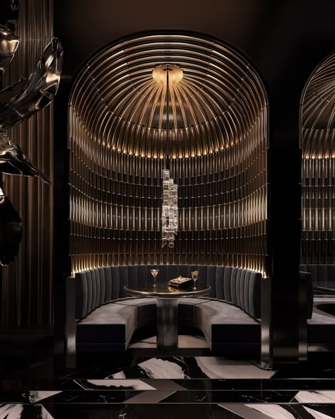 Dolce & Gabbana unveils branded supertall skyscraper in Miami Casino Bar Design, Night Club Restaurant, Black Interior Restaurant, Jewel Tone Restaurant Design, Gunmetal Aesthetic, Dark Bar Interior, Dark Restaurant Aesthetic, Elegant Restaurant Interior Design, Night Club Interior Design