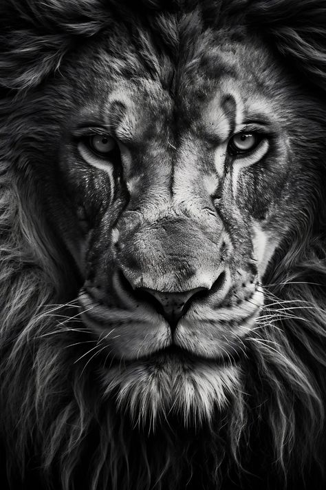 Lion Photos Photography, Art Reference Photos Faces Black And White, Lion Black And White Photography, Lion Face Photography, Lion Stare, Lion Portrait Photography, White Lion Wallpaper, Serious Portrait, Black And White Animal Photography