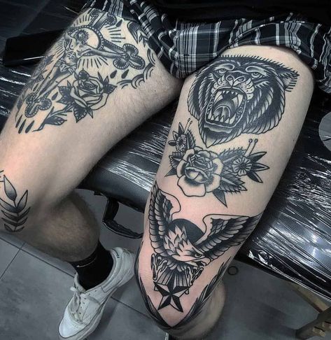 Black Bear Tattoo Ideas, Traditional Thigh Tattoo, Traditional Tattoo Leg Sleeve, Traditional Bear Tattoo, Bear Tattoo Ideas, Black Bear Tattoo, Traditional Tattoo Man, Thigh Tattoo Men, Tato Tradisional