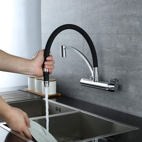 HOMELODY Kitchen Tap Wall Mounted Black, 180° Rotatable Food Grade Silicone Wall Kitchen Tap Flexible Extendible Sink Tap for Kitchen Brass (Total Height 342 mm) : Amazon.de: DIY & Tools Kitchen Cheap Makeover, Kitchen Vessels, Restroom Accessories, Tap Design, 4x4 Camper Van, Modern Kitchen Faucet, Kitchen Appliances Design, Bathroom Mirror Frame, Kitchen Design Diy