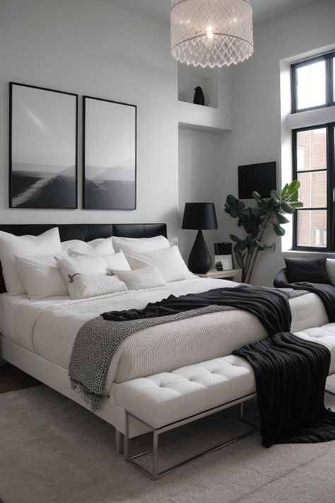 Monochromatic Room Aesthetic, Monochromatic Bedroom Ideas, White Bedroom Minimal, Bedroom White Furniture, Black White Bedroom, Black Room Decor, Black White Bedrooms, Monochrome Bedroom, Monochromatic Room