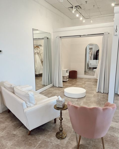 And this is where we play dress up and wear pretty dresses ✨🤍 #couturebridal #2024bride #arkansasbride #arkansas #bride #bridestylist #wedding #bridalsalon #weddingdress #bridalboutique #ballgown #nwa #weddingtiktok Bridal Shop Decor Interiors, Alterations Shop Interior, Bridal Changing Room, Small Bridal Boutique Interior Design, Bridal Salon Interior, Bridal Shop Aesthetic, Bridal Studio Interior, Bridal Boutique Interior Design, Bride Dressing Room