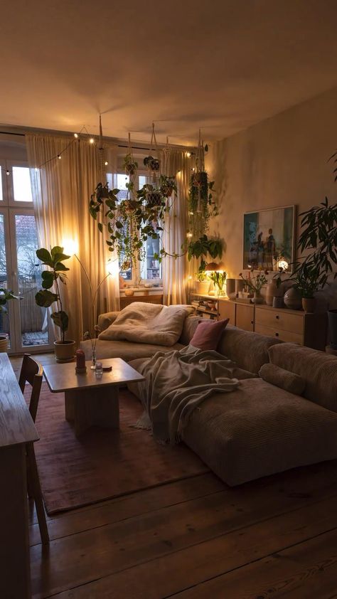 Boho Aesthetic Apartment, Single Apartment Aesthetic, Boho House Inspo, Apartment Theme Ideas Color Schemes, House Interior Living Room Cozy, Home Interior Design Apartments, Cozy Interior Aesthetic, Plant Aesthetic Apartment, Loft Apartment Aesthetic Cozy