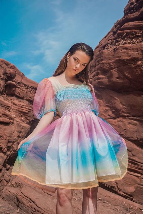 Assemble yourself. One-sided printing. But nice Women Photoshoot, Vivian Core, Pinterest Predicts, Glitter Photo Shoots, Dye Flowers, Rainbow Dresses, Daphne Dress, Luxury Vibes, Purple Rainbow