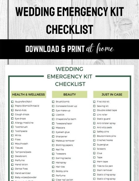 Wedding Emergency Kit Checklist - green Wedding Emergency Kit Checklist, Ceremony Checklist, Bridal Shower Basket, Shadow Box Guest Book, Emergency Kit Checklist, Bride Emergency Kit, Bridal Emergency Kits, Wedding Day Emergency Kit, Bathroom Basket Wedding