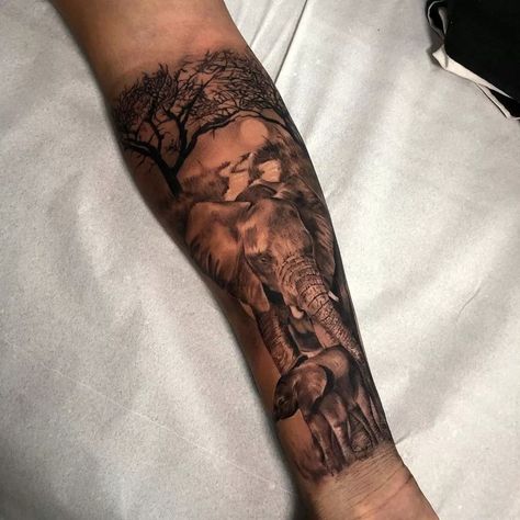 Africa Forearm Tattoo, Africa Leg Sleeve Tattoo, Africa Arm Tattoo, African Sunset Tattoo, African Sleeve Tattoo Men, Africa Tattoos Men, Wildlife Tattoos For Men, African Safari Tattoo, Elephant Tattoos Men