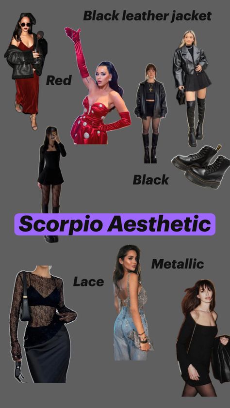 Scorpio: As a mysterious and intense sign, Scorpio loves fashion that is dark and edgy. Think leather, lace, and anything that makes you feel powerful and confident. Scorpio Lilith Style, Dress Like A Scorpio, Scorpio Moon Aesthetic Outfit, Saggitarius Rising Outfit, Scorpio Fashion Outfits, Lilith In Scorpio Outfits, Scorpio Energy Aesthetic, Scorpio In Venus Style, Scorpio Midheaven Aesthetic