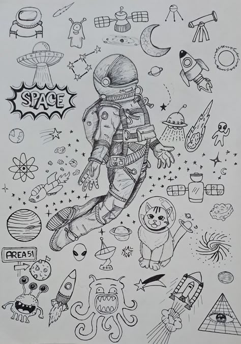 #astronaut#pencilsketch #cat#space#art#b&w#alien#skecth#creative Space Design Drawing, Drawing Ideas Space Theme, Things To Draw To Fill Space, Space Themed Journal Ideas, Space Themed Sketches, Space Sketches Simple, Space Things To Draw, How To Draw An Astronaut, Drawing Planets Space