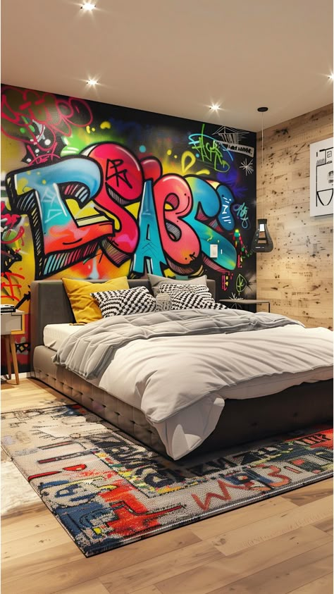 Make your bed the focal point by transforming the headboard into a piece of street art. You can commission a local artist or use removable graffiti wall decals to create a unique, personalized look. Bedroom Graffiti Wall, Graffiti Wall Bedroom, Graffiti Wall Art Bedroom, Street Art Bedroom, Graffiti Room Aesthetic, Wall Graffiti Ideas, Graffiti Bedroom Ideas, Street Style Bedroom, Style Room Ideas