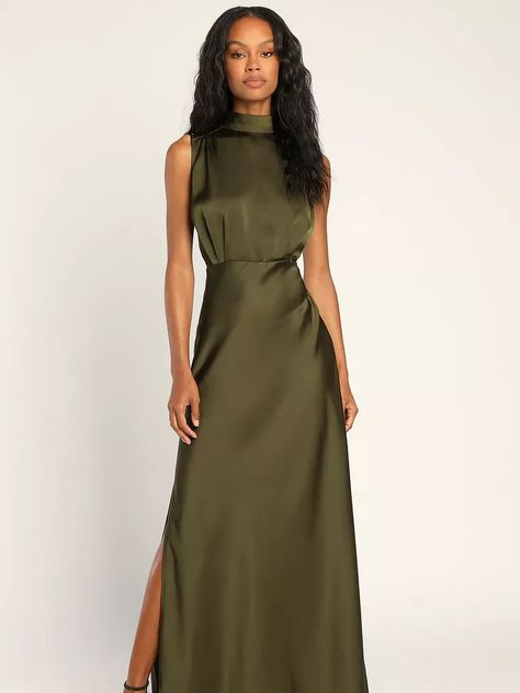 Olive Evening Dress, Mock Neck Maxi Dress, Fabric Detailing, Gathered Fabric, Sleeveless Mock Neck, Fall Wedding Guest Dress, Mob Dresses, Formal Dresses Gowns, Mock Neck Dress