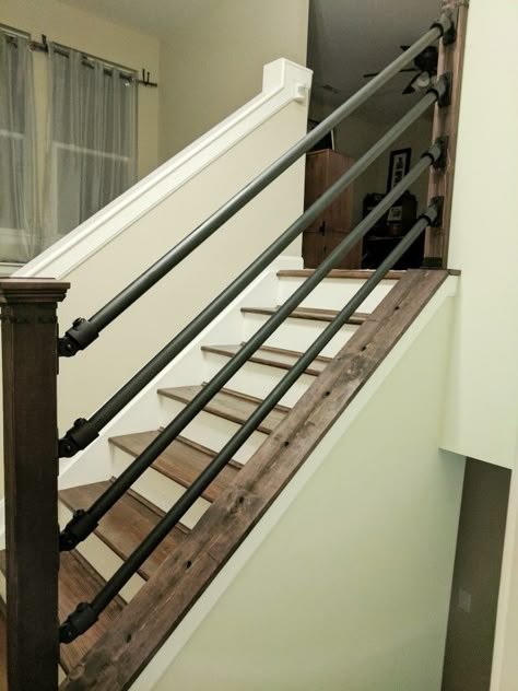 Electrical conduit and cedar post DIY handrail Interior Handrail Ideas, Banister Alternatives, Pipe Handrails For Stairs, Industrial Handrails For Stairs, Stairway Banister, Pipe Stair Railing, Diy Handrail, Stair Railing Ideas Diy, Diy Stair Railing Cheap