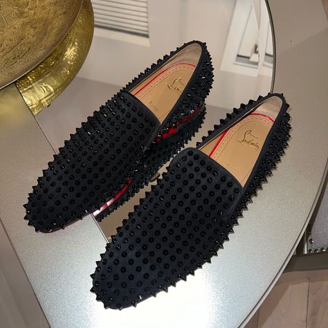 Christian Louboutin, Black Dandelion Spikes, size 45.5 Designer Loafers, Luxury Details, Mens Shoes Black, Men Loafers, Mens Fashion Casual Outfits, Flat Espadrille, Shoes Men, Shoes Black, Mens Fashion Casual