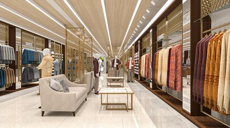 RAJENDIRA'S TEXTILE SHOWROOM on Behance Showroom Ceiling Design Modern, Textile Showroom Interior Design, Showroom False Ceiling Design, Saree Showroom Interior Design, Cloth Showroom Interior, Modern Clothing Store Design, Mens Wear Shop Interior Design, Textile Shop Interior Design, Cloth Showroom