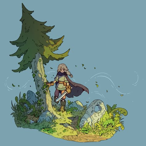 Character Drawing With Background, Character In Environment, Whimsical Illustration Art, Adventure Drawing Ideas, 2d Game Art Style, Fantasy Forest Illustration, Character In Background, Background Forest Illustration, How To Draw Forest