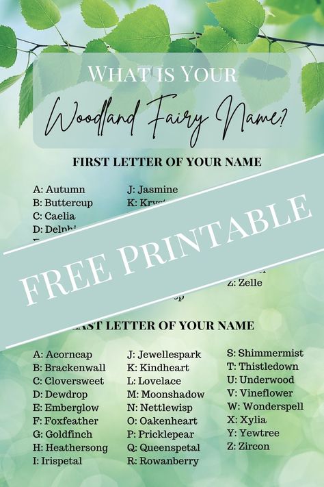 Find out your woodland fairy name from my free printable library. Perfect for a #fairyparty or #woodlandanimalparty Magic Forest Party, Your Fairy Name, Fairy And Unicorn, Wand Craft, Fairy Name, Edible Butterflies, Woodland Animals Party, Fairy Names, Fairy Nature